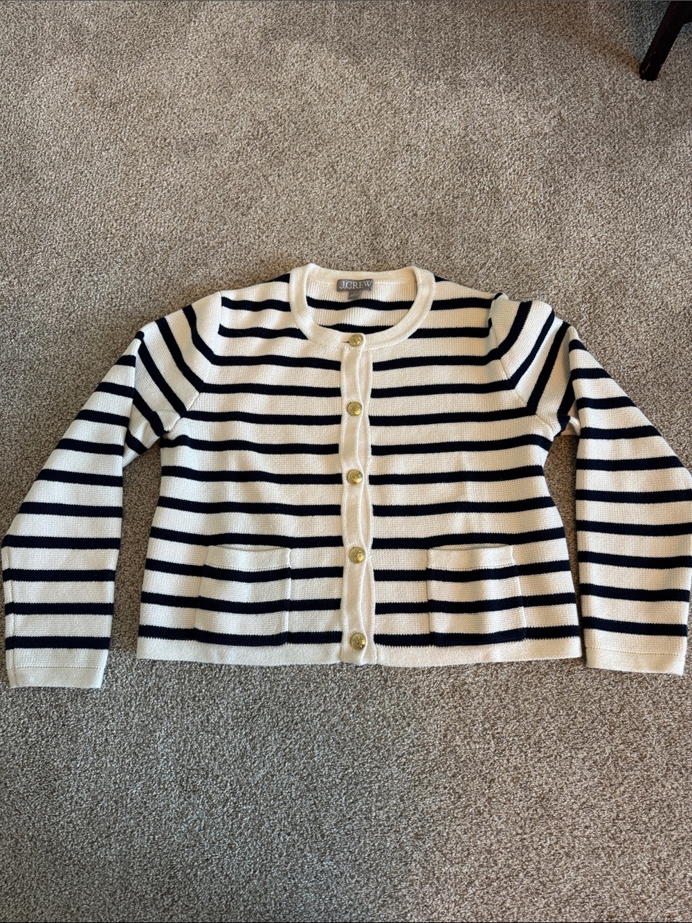J. Crew Cream and Black Striped Button-Front Cardigan